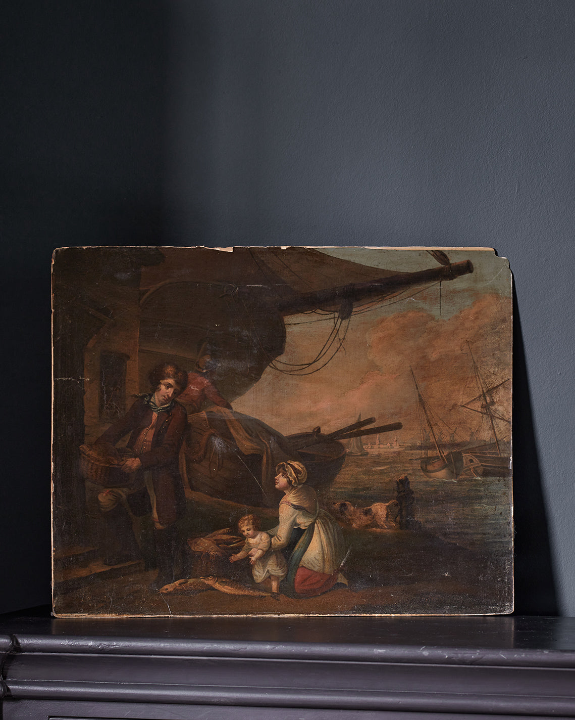 19th Century Varnished Print, Ship Yard Scene